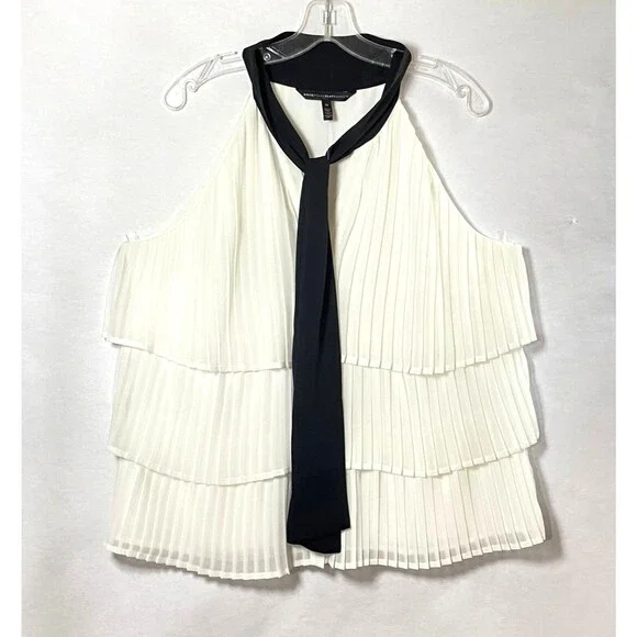 WHBM Tiered Pleats Tank Top Womens Size 14 Off White Black Necktie Lined NWOT - Picture 2 of 15